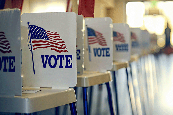 line of voting booths on election day