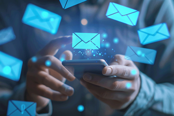 man on a cell phone with glowing email envelopes 